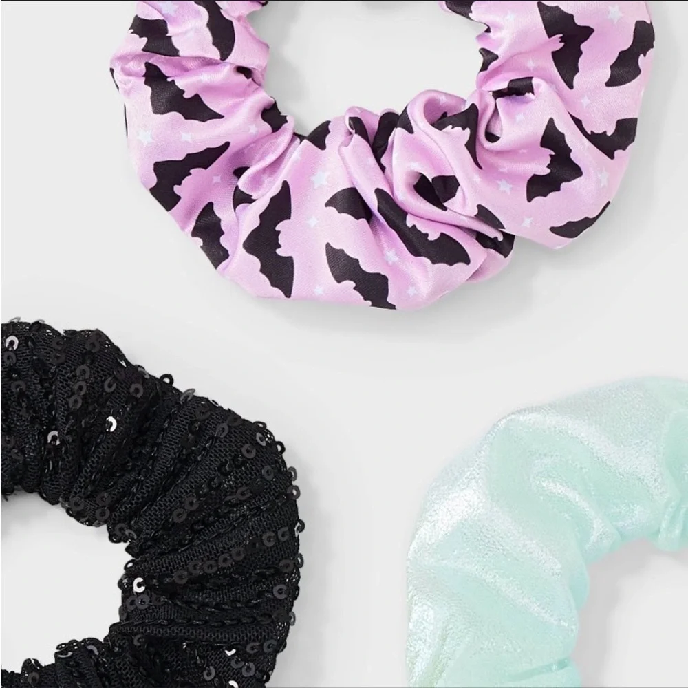 Halloween scrunchis  bat print pink black and silver new